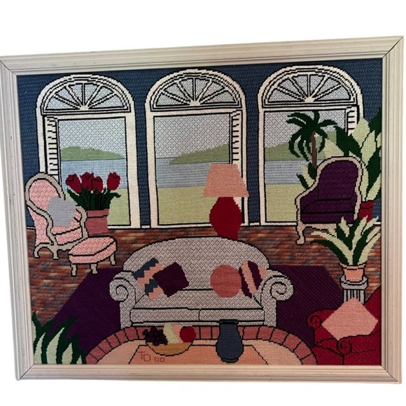 Hand Crafted Art Framed Needlepoint Coastal Living Room Water View